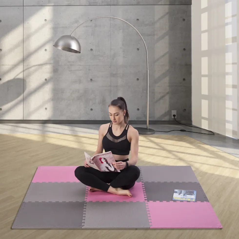 One Fitness Puzzelmat - Set van 9 - 10 mm - Roze/Grijs