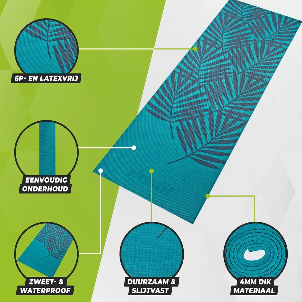 VirtuFit Premium Yogamat - 183 x 61 x 0,4 cm - Ocean Green Forest